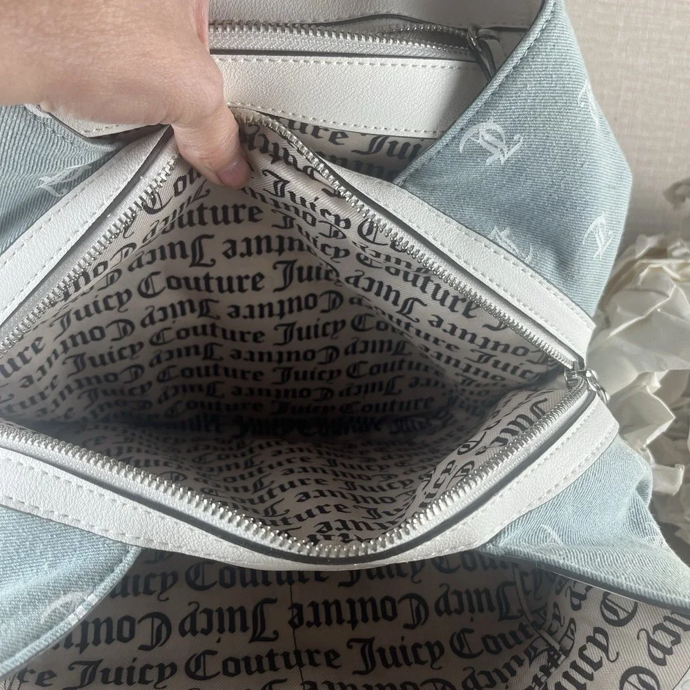 Juicy Couture Denim Monogram Back To Class Backpack RhinestoneLogo WhiteTrim NWT